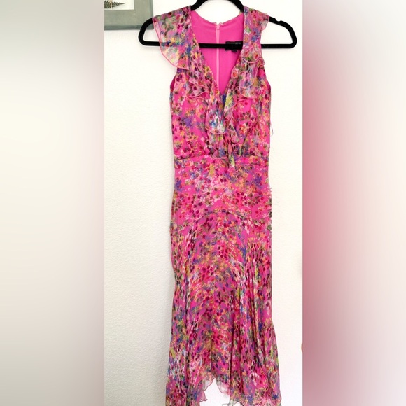 Saloni Silk Floral Pink Ruffle Midi Dress - Picture 3 of 11